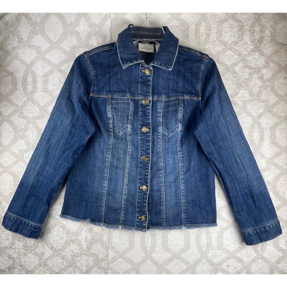 Chicos Platinum Denim Jacket Women 0 Small Blue Excellent Raw Hem Stretch Cotton